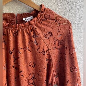 blupepper orange lace top with gathered sleeves and neckline
